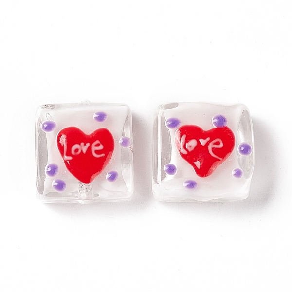 

PandaHall Handmade Lampwork Beads, Square with Heart & Word Love Pattern, Clear, 16x15x6mm, Hole: 1.8mm Lampwork Square Clear