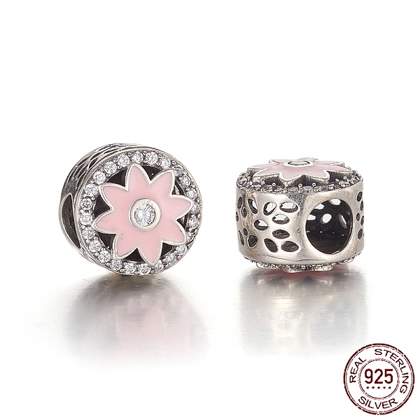 

PandaHall Hollow Antique Silver Plated 925 Sterling Silver European Beads, Large Hole Beads, with Cubic Zirconia and Enamel, with 925 Stamp..., Pink
