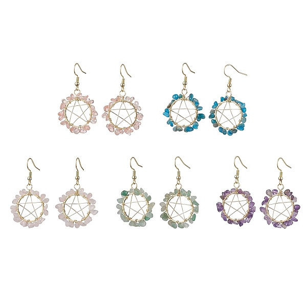 

PandaHall Natural & Synthetic Mixed Gemstone Chips Dangle Earrings, Star Golden Alloy Wire Wrap Earrings, 47~48x27~28mm Mixed Stone Star