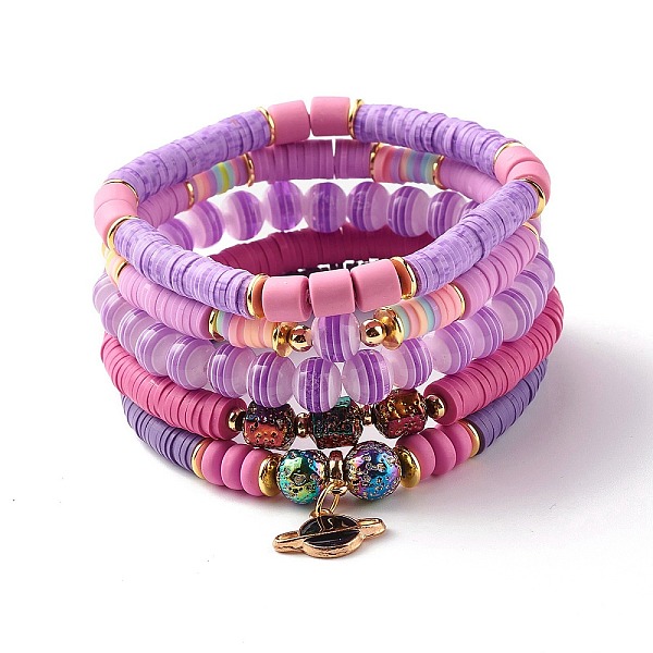

PandaHall Natural Lava Rock & Polymer Clay Heishi Beads Stretch Bracelets Sets, Earth Charm Stackable Preppy Bracelets for Women, Purple...