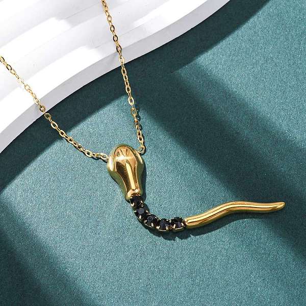304 Stainless Steel Jet Rhinestone Snake Pendant Cable Chain Necklaces for Women