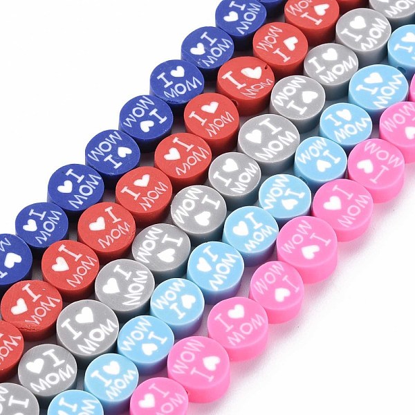 

PandaHall Handmade Polymer Clay Bead Strands, Mother's Day Theme, Flat Round with Word I Love MOM, Mixed Color, 8x4mm, Hole: 1.4mm, about..., Multicolor