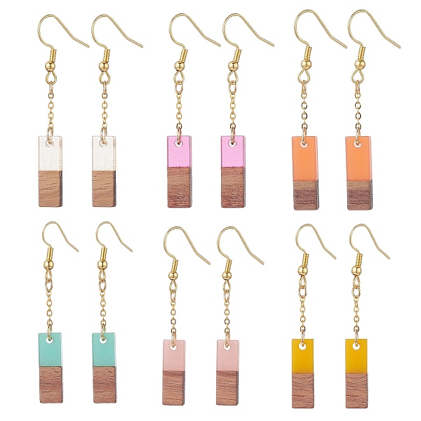 

PandaHall 6 Pair 6 Color Resin & Walnut Wood Rectangle Dangle Earrings, Golden 304 Stainless Steel Jewelry for Women, Mixed Color, 52~53mm..., Multicolor