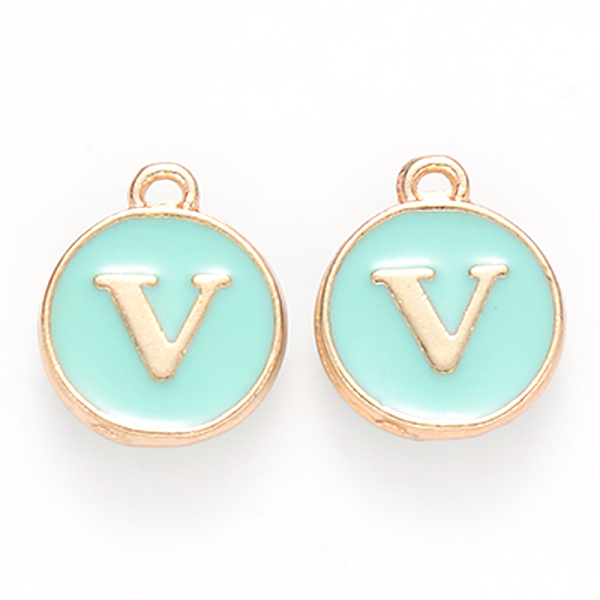 

PandaHall Golden Plated Alloy Enamel Charms, Cadmium Free & Lead Free, Enamelled Sequins, Flat Round with Letter, Turquoise, Letter.V..., Green