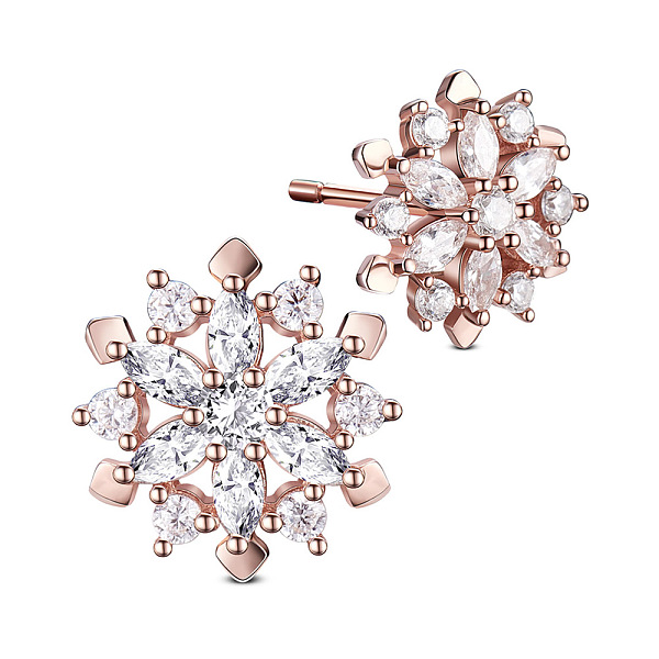 

PandaHall SHEGRACE Flower Beautiful Real Rose Gold Plated 925 Sterling Silver Stud Earrings, Christmas, with Micro Pave AAA Cubic Zirconia..., Clear