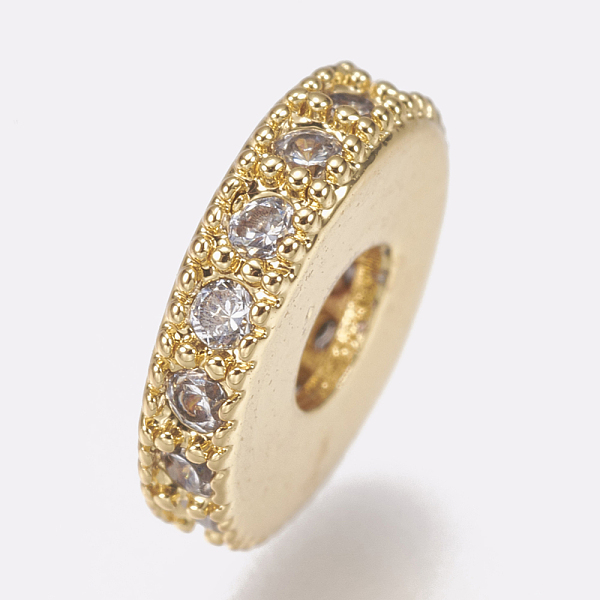

PandaHall Brass Micro Pave Cubic Zirconia Bead Spacers, Flat Round, Clear, Golden, 8x2mm, Hole: 3mm Brass+Cubic Zirconia Flat Round Clear