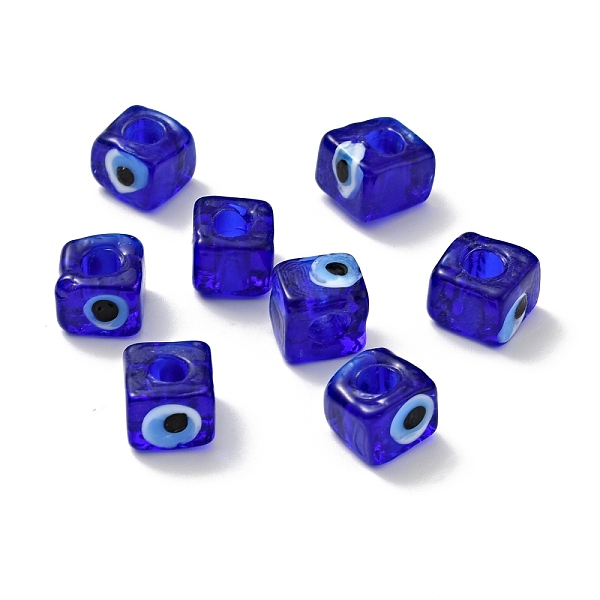 

PandaHall Handmade Evil Eye Lampwork European Beads, Large Hole Beads, Cube, Blue, 8~9x9~10x9~10mm, Hole: 4.3mm Lampwork Cube Blue