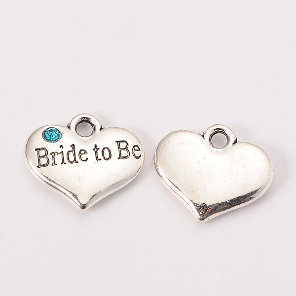 

PandaHall Wedding Theme Antique Silver Tone Tibetan Style Heart with Bride to Be Rhinestone Charms, Aquamarine, 14x16x3mm, Hole: 2mm..., Cyan