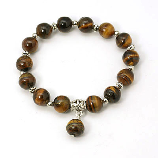 PandaHall Fashion Gemstone Beaded Bracelets, Stretch Bracelets, with Antique Silver Alloy Beads, Tiger Eye, 55mm Tiger Eye Gold