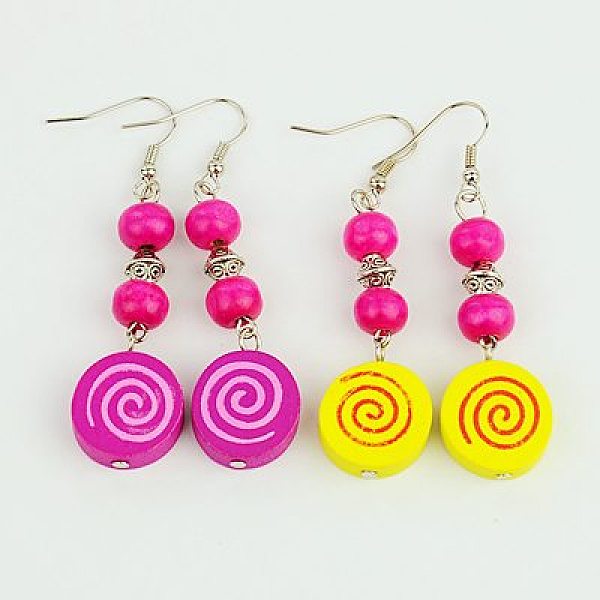 

PandaHall Dangling Wood Earrings, with Tibetan Style Beads and Brass Earring Hooks, Mixed Color, 62mm Wood Multicolor