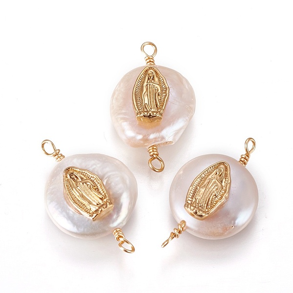 

PandaHall Natural Pearl Links connectors, with Cubic Zirconia and Brass Findings, Flat Round with Virgin Mary, Golden, 19~23x10~12x6~9mm...