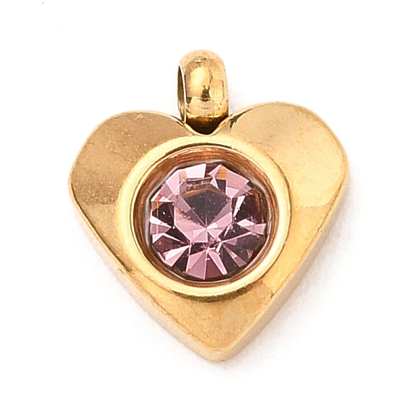 

PandaHall 304 Stainless Steel Charms, with Acrylic Rhinestone, Faceted, Birthstone Charms, Heart, Golden, Light Rose, 8.2x7.2x3.2mm, Hole..., Pink
