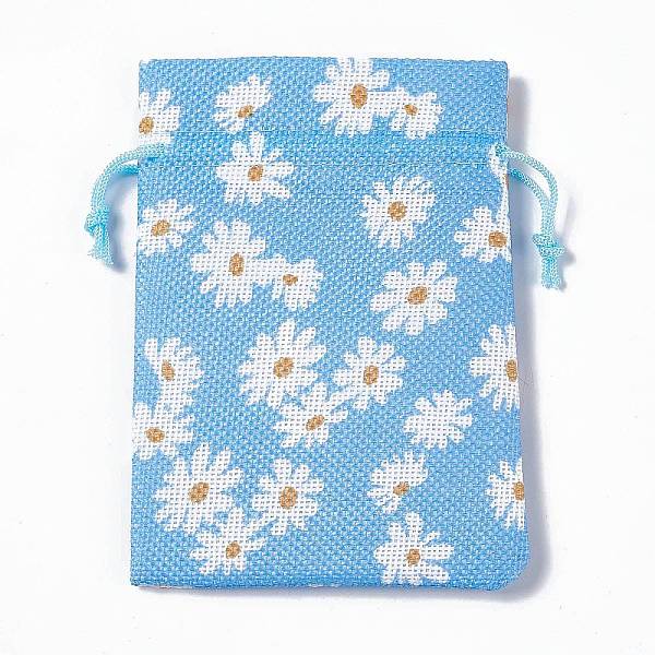 

PandaHall Burlap Packing Pouches Drawstring Bags, Rectangle, Deep Sky Blue, Flower, 13.5~14x10x0.35cm Burlap Flower