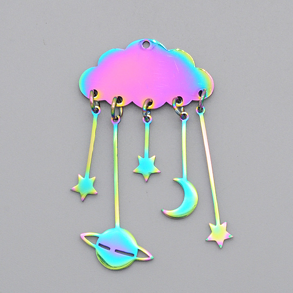 

PandaHall Ion Plating(IP) 201 Stainless Steel Pendants, Laser Cut, Cloud with Moon, Star & Planet, Rainbow Color, 49x27.5mm, Hole: 1.5mm 201...