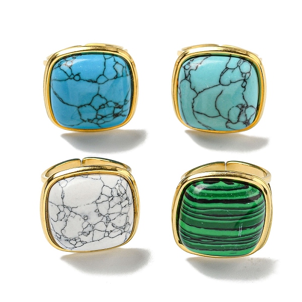 

PandaHall 304 Stainless Steel Open Cuff Rings, Synthetic Malachite & Turquoise Square Finger Rings for Women Men, Real 18K Gold Plated...