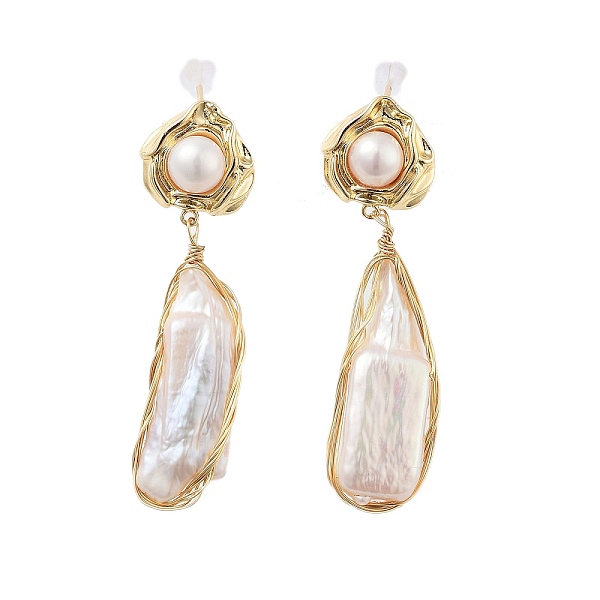 

PandaHall Natural Pearl Dangle Stud Earrings, with Brass Findings and 925 Sterling Silver Pins, Oval, Real 14K Gold Plated, 49.5x13.5mm..., White