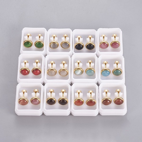 Bouchons d'oreille en acier inoxydable 304, boucles d'oreilles vissées, avec pierre précieuse synthétique et oeil de chat, demi-rond, couleur mixte, or, 8mm, pin: 1 mm, 12 paires / carte