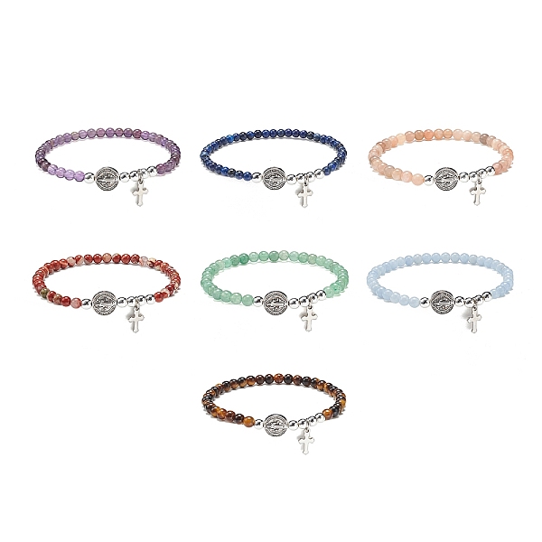

PandaHall 7Pcs 7 Style Natural Mixed Gemstone & Alloy Saint Benedict Medal Beaded Stretch Bracelets Set, 304 Stainless Steel Cross Charms..., Multicolor