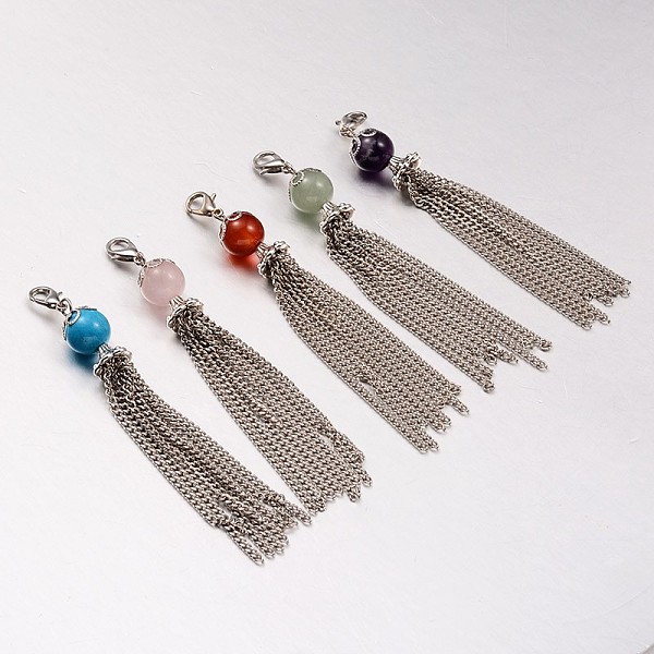

PandaHall Platinum Plated Iron Chains Tassels Big Pendants, with Gemstone Beads and Alloy Lobster Claw Clasps, 950x10.5mm Mixed Stone..., Multicolor