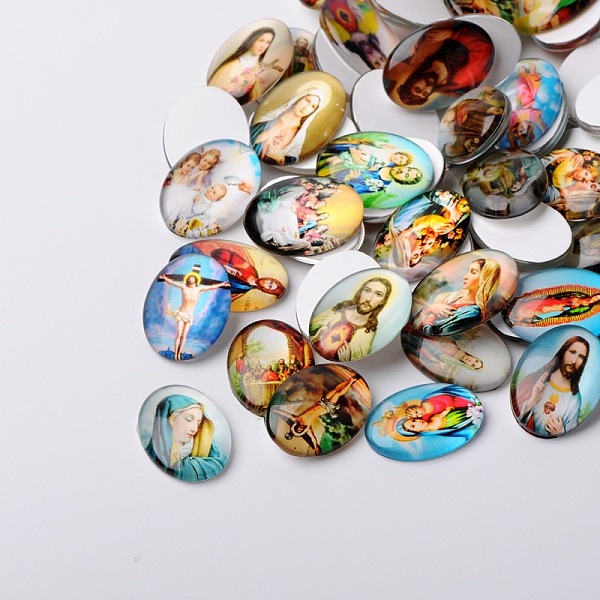

PandaHall Jesus and the Virgin Printed Glass Oval Cabochons, Mixed Color, 25x18x6mm Glass Oval Multicolor