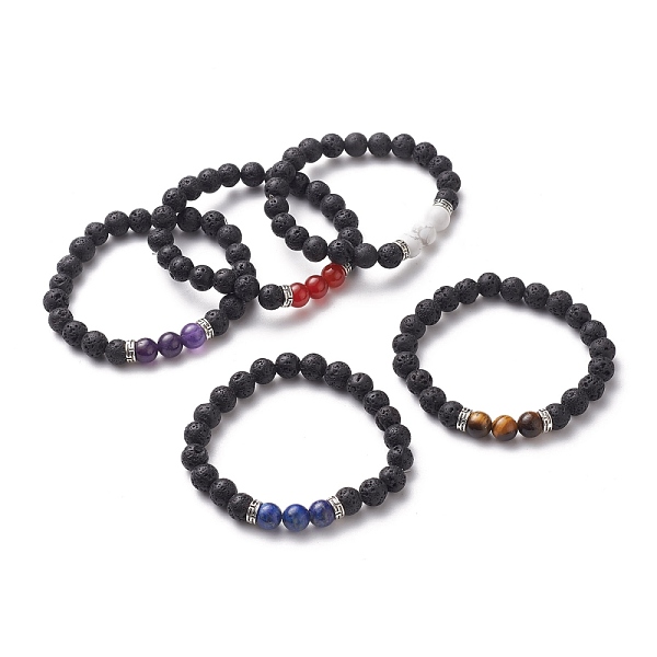 PandaHall Round Natural Lava Rock Beaded Stretch Bracelets, with Antique Silver Plated Alloy Spacer Beads and Natural Gemstone Beads, 2 inch...