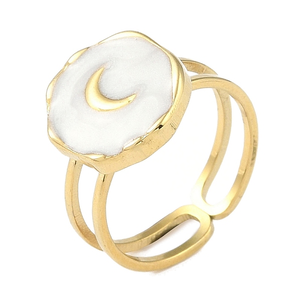 

PandaHall Ion Plating(IP) 304 Stainless Steel Enamel Flat Round with Moon Finger Rings, Open Rings for Women, Real 18K Gold Plated, Inner..., White