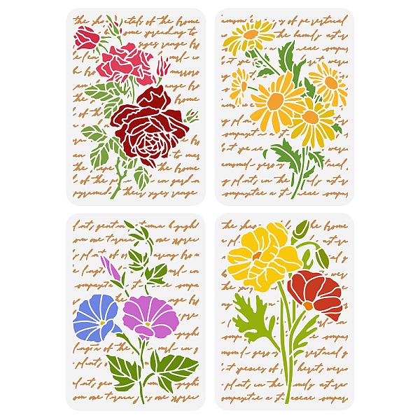 

PandaHall 4Pcs 4 Styles PET Hollow Out Drawing Painting Stencils, for DIY Scrapbook, Photo Album, Flower Pattern, 297x210mm, 1pc/style...