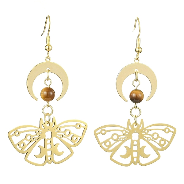 

PandaHall Moon & Butterfly Brass Dangle Earrings, Natural Tiger Eye Beaded Long Drop Earrings, Golden, 63x36mm Tiger Eye Butterfly