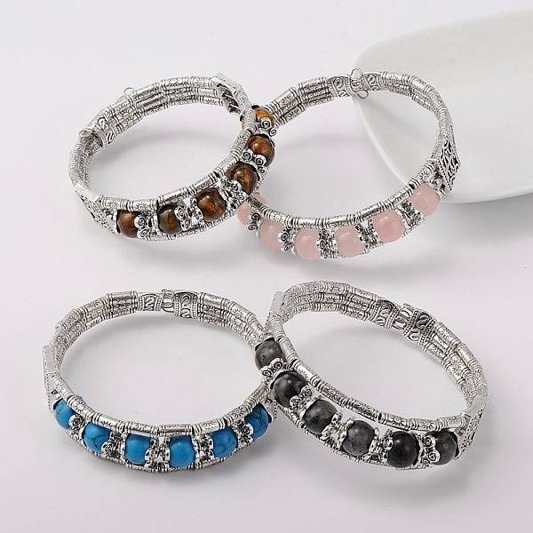 

PandaHall Tibetan Style Antique Silver Alloy Gemstone Bracelets, Natural & Synthetic Mixed Stone, 51mm Mixed Stone Multicolor