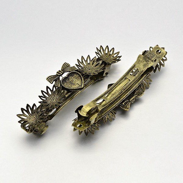 

PandaHall Vintage Hair Accessories Iron Hair Barrette Findings, with Iron Flower Caps and Alloy Heart Cabochon Bezel Settings, Nickel Free...