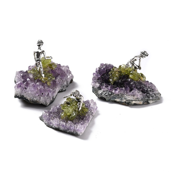 Natürliches Peridot-Cluster & Legierung Miner Modell Ornament