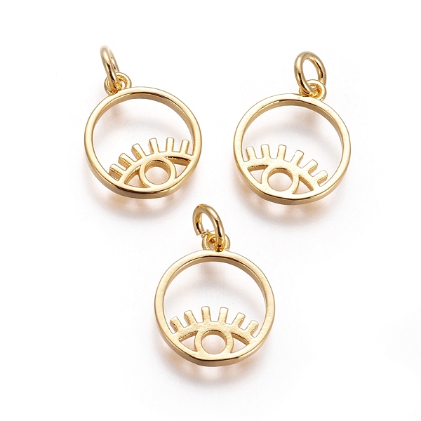 

PandaHall Brass Pendants, Cut-Out, with Jump Rings, Flat Round with Evil Eye, Golden, 15x12x1.5mm, Hole: 3mm Brass Evil Eye