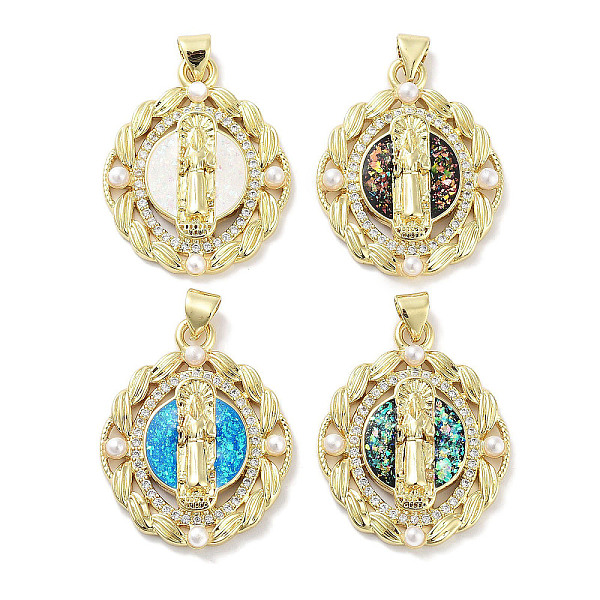 

PandaHall Brass Micro Pave Clear Cubic Zirconia Pendants, with Synthetic Opal and ABS Plastic Pearl, Real 18K Gold Plated, Oval with God..., Multicolor