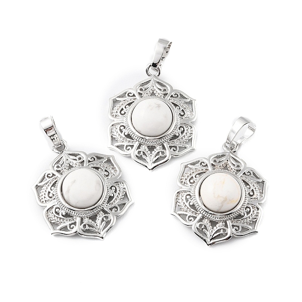 

PandaHall Natural Howlite Pendants, with Rack Plating Brass Findings, Cadmium Free & Lead Free, Flower, 29.5x22.5x7.5~8.5mm, Hole: 7.5x5mm...