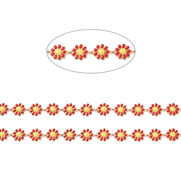 

PandaHall 304 Stainless Steel Daisy Flower Link Chains with Enamel, Unwelded, Golden, Red, 14x10x1mm Stainless Steel+Enamel Red