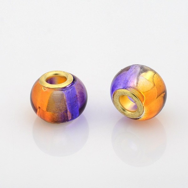 

PandaHall Two Tone Glass European Beads, Large Hole Rondelle Beads, with Golden Tone Brass Cores, Blue Violet, 14x11mm, Hole: 5mm..., Purple