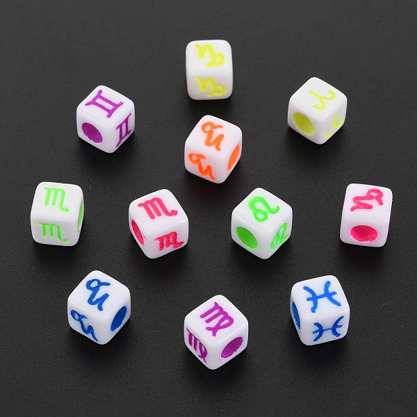 

PandaHall Opaque Acrylic European Beads, Large Hole Beads, Cube with Symbol, 12 Constellations, 7x7x7mm, Hole: 4mm, about 1840pcs/500g..., Multicolor
