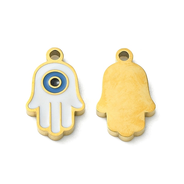 

PandaHall Ion Plating(IP) 304 Stainless Steel Manual Polishing Charms, with Enamel, Hamsa Hand/Hand of Miriam with Evil Eye, Golden..., Blue
