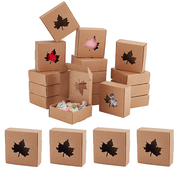 PandaHall Folding Kraft Paper Cardboard Jewelry Gift Boxes, Square with Autumn Maple Leaf Visible Window, BurlyWood, Finished Product...