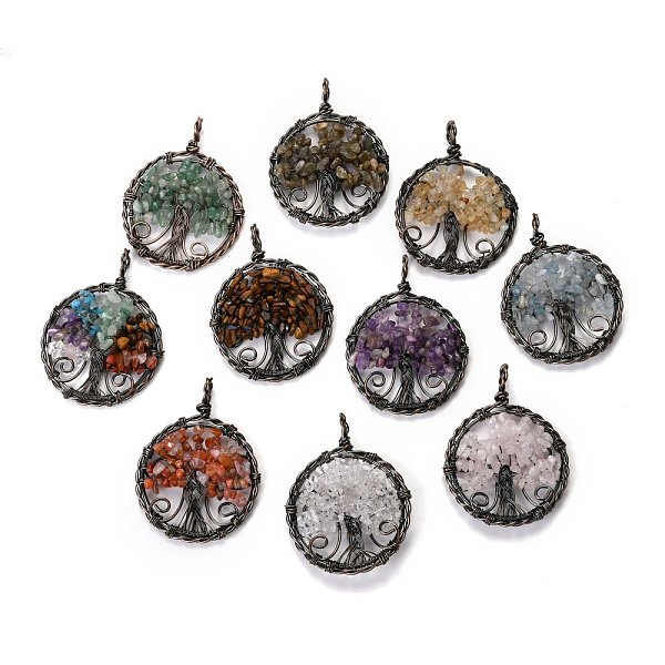 

PandaHall Natural Mixed Gemstone Pendants, with Red Copper Plated Brass Findings, Flat Round with Tree of Life, 64~67.5x50~51x6~7.5mm, Hole...