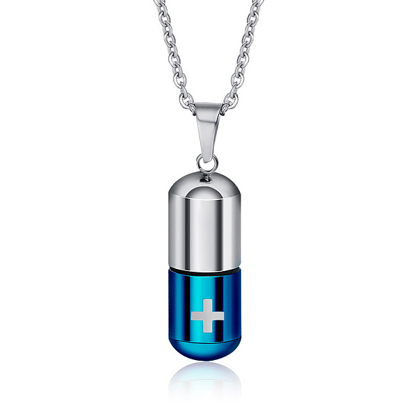 

PandaHall Two Tone 316L Stainless Steel Pill with Cross Urn Ashes Pendant Necklace with Cable Chains, Memorial Jewelry for Men Women, Blue &...