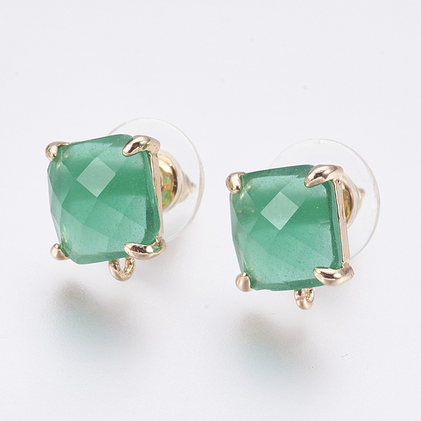 

PandaHall Faceted Glass Stud Earring Findings, with Loop, Light Gold Plated Brass Findings, Square, Medium Sea Green, 11x10x5mm, Hole: 1mm...
