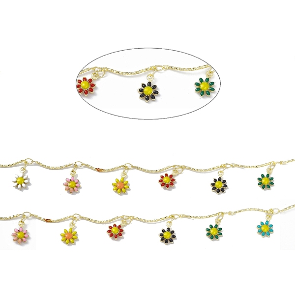 

PandaHall Handmade Brass Bar Link Chains, with Colorful Enamel Daisy Flower Charms, Soldered, with Spool, Real 18K Gold Plated, Link: 18x1mm...