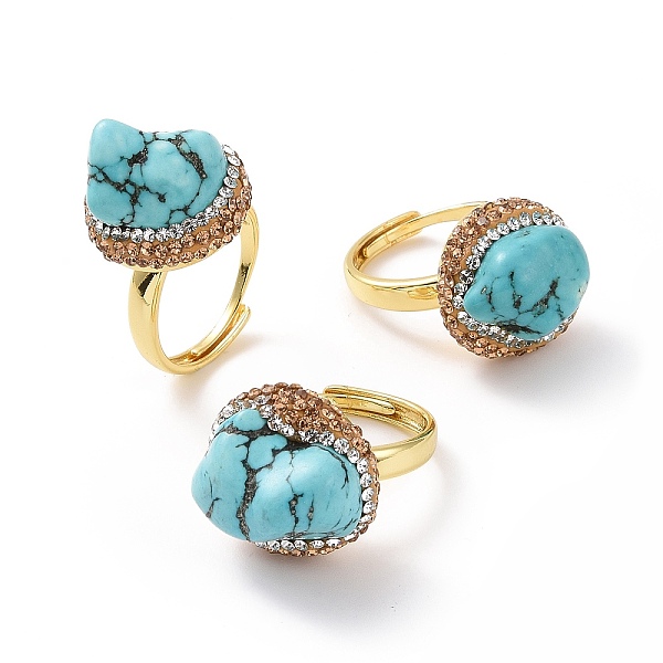

PandaHall Adjustable Natural Turquoise Nugget Adjustable Ring with Rhinestone, Golden Brass Wide Ring for Women, Inner Diameter: 18~22mm..., Multicolor
