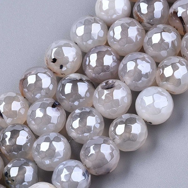 

PandaHall Natural Agate Beads Strands, Pearl Luster Plated, Faceted, Round, Gainsboro, 9~10mm, Hole: 1mm, about 37pcs/strand, 14.17..., Gray