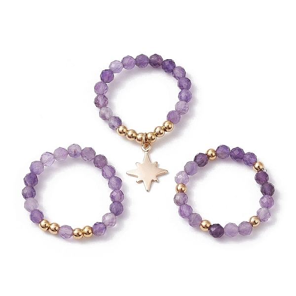 

PandaHall 3Pcs 3 Style Natural Amethyst Beaded Stretch Rings Set, Stackable Rings with Brass Star Charms, Inner Diameter: 21~22mm, 1Pc/style...