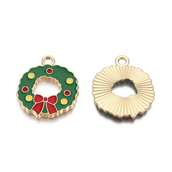 

PandaHall Christmas Theme, Alloy Enamel Pendants, Light Gold, Wreath, Green, 20x17.5x1.5mm, Hole: 2mm Alloy+Enamel Others Green