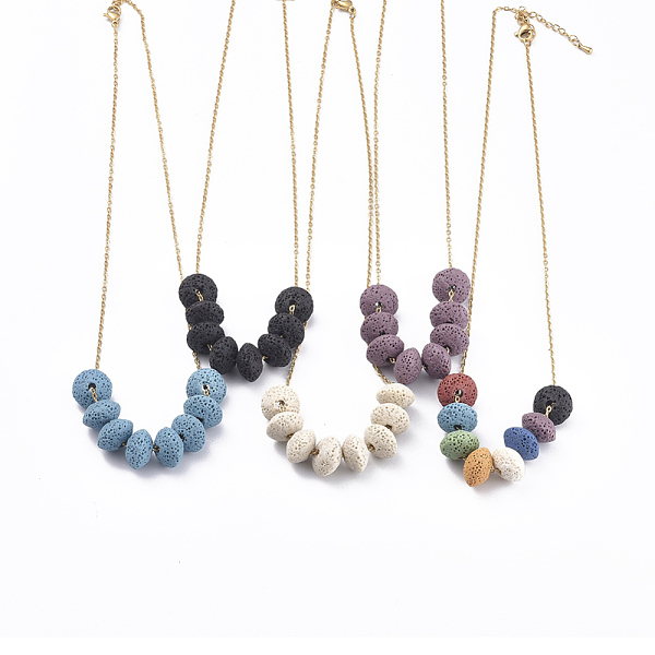 

PandaHall 304 Stainless Steel Cable Chain Necklaces, Beaded Necklaces, with Rondelle Natural Lava Rock Beads and Lobster Claw Clasps, Golden..., Multicolor