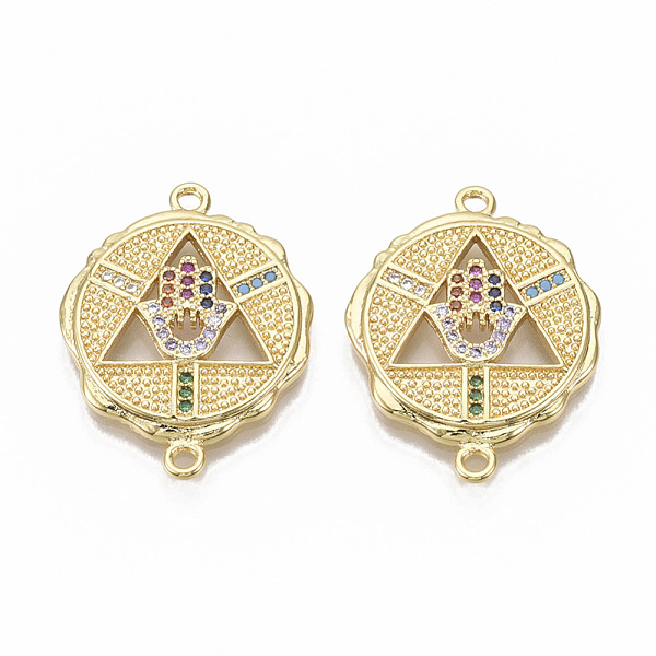 

PandaHall Brass Micro Pave Cubic Zirconia Links connectors, Nickel Free, Flat Round with Triangle with Hamsa Hand/Hand of Fatima/Hand of...