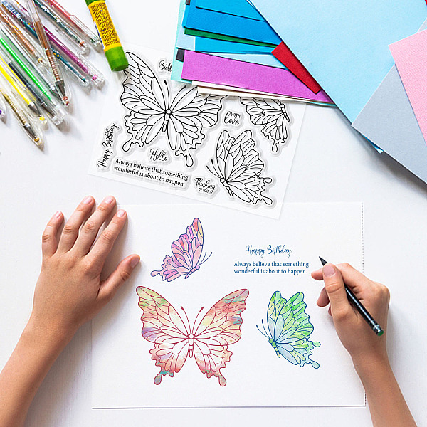 

PandaHall GLOBLELAND Happy Birthday Butterfly Clear Stamps Blessing Words Silicone Clear Stamp Seals for Cards Making DIY Scrapbooking Photo...